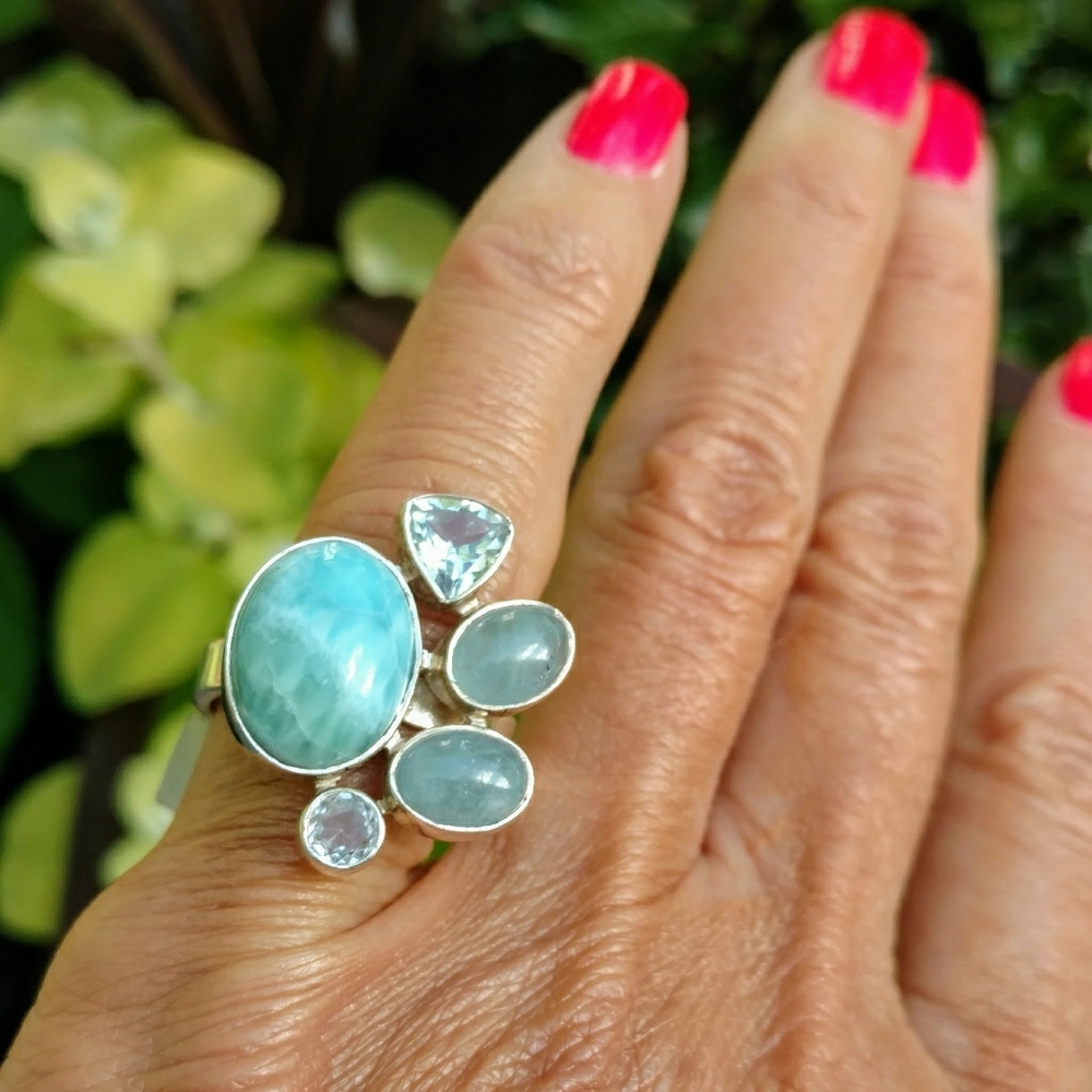 New! Larimar, Aquamarine, moonstone ring